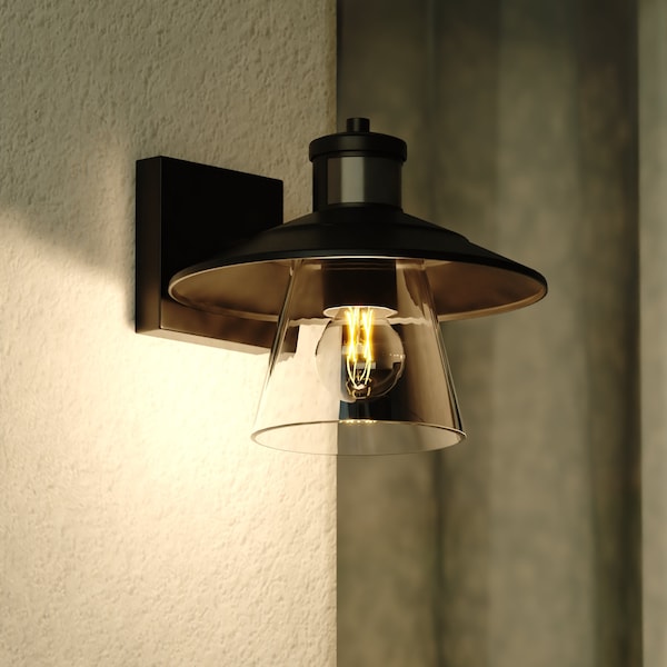 Vaxcel Westport Steel LED Black Motion Sensor Dusk to Dawn Outdoor Wall Light Coastal Clear Glass T0753 - main